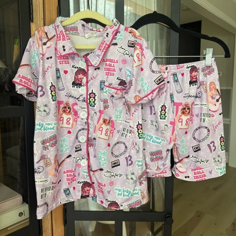 Swifty Pajamas set girls button down shirt top short sleeve shorts 13 eras tour